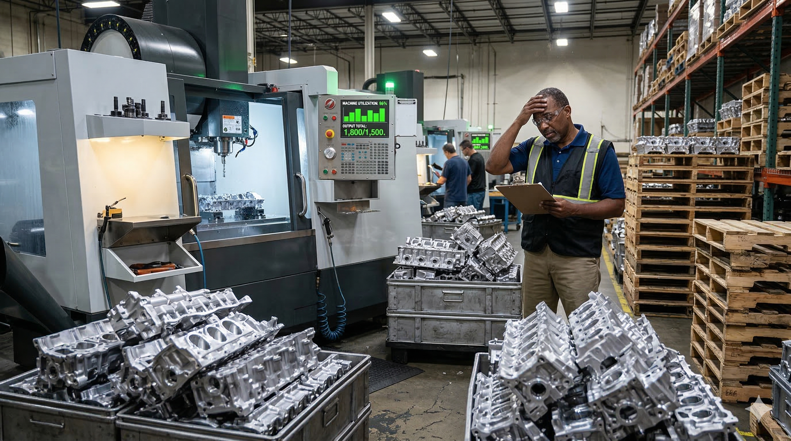 Blog 20 - Man standing by the machine looking confused and surrounded by inventory